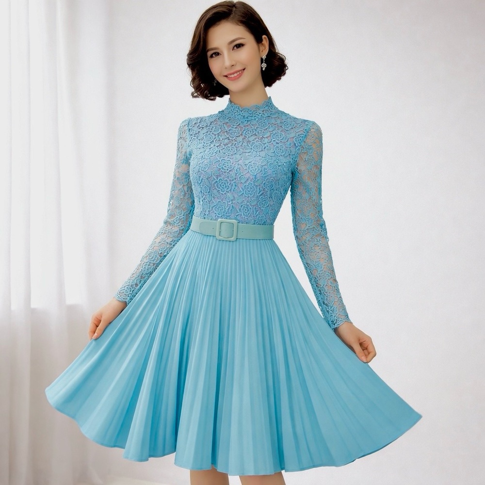 Vintage 60s 70s Tea Dress Crochet Overlay Long Sleeve Pleats Blue~XS~B32 W24 EUC
